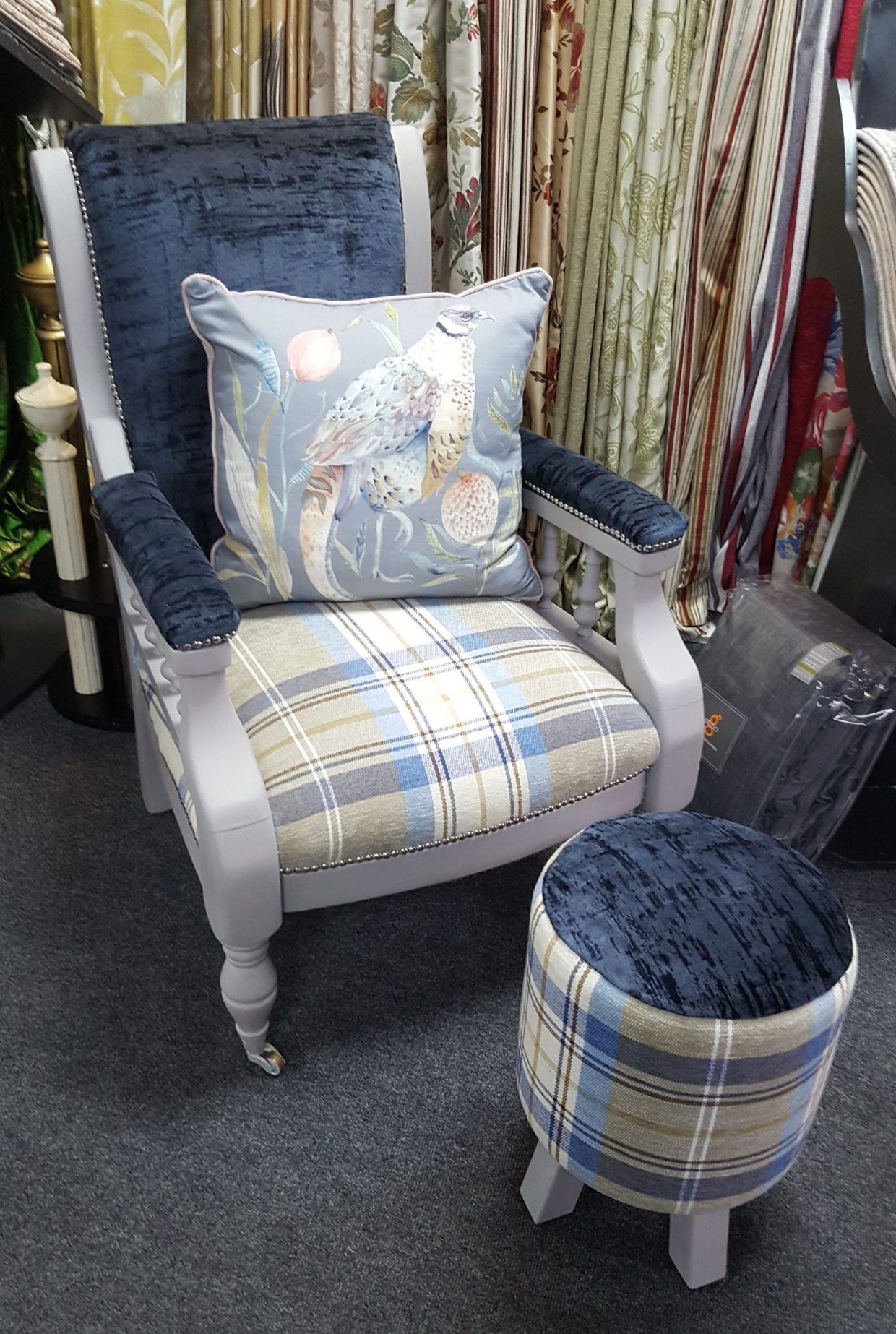 Reupholstered chair and footstool